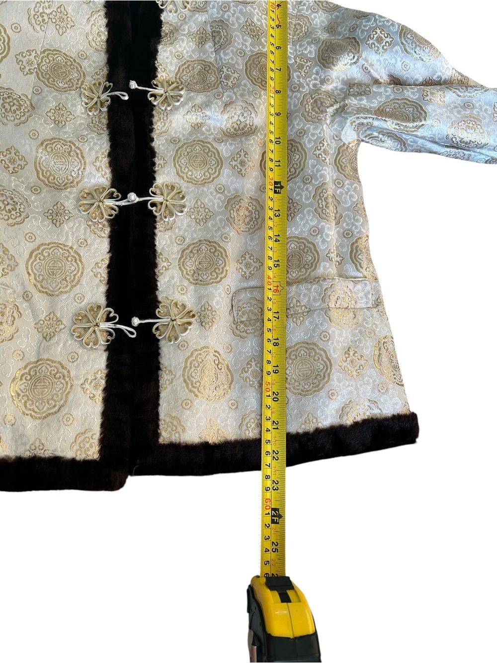 Gorgeous Asian Brocade Jacket Faux Fur Trim Mandarin Collar Size Small - Picture 12 of 14